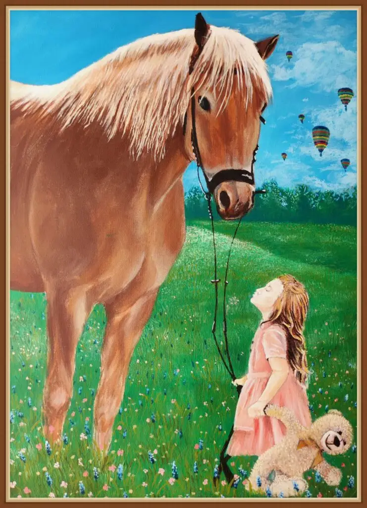Tablou la comandă - fetită visătoare cu ursulet in mană si un cal, iar pe fundal este o zi de vara cu multe flori si baloane cu aer