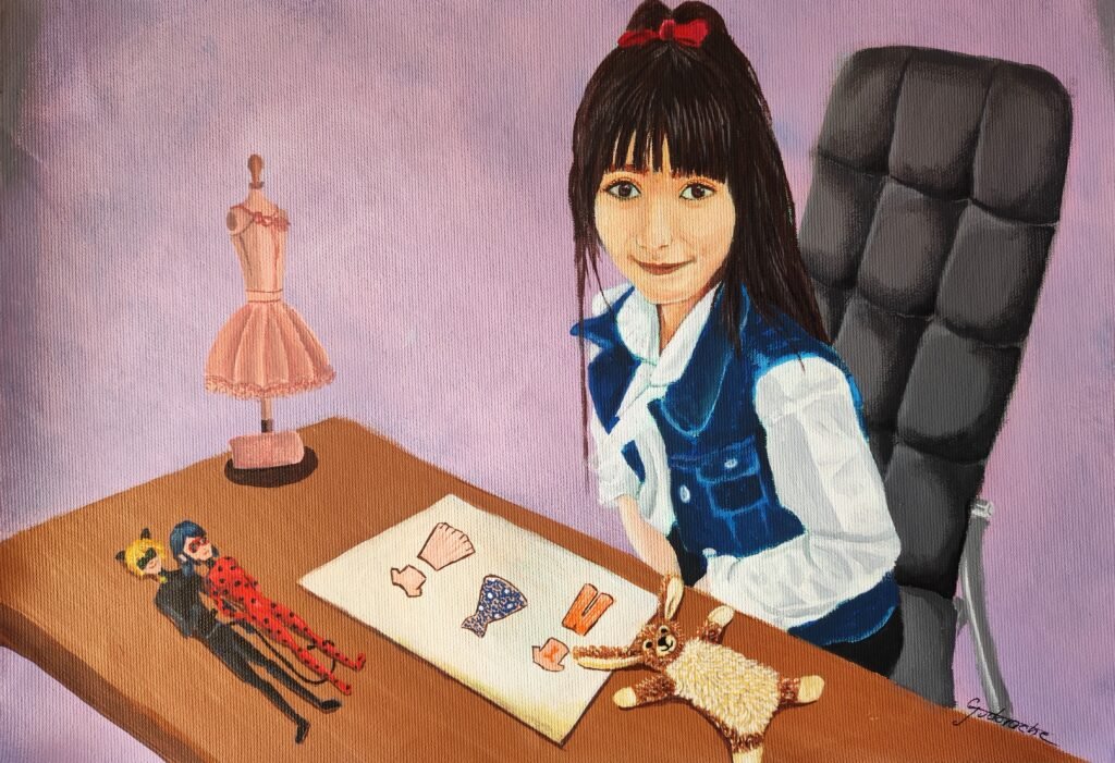 Portret personalizat pe panza - fetita in designer vestimentar